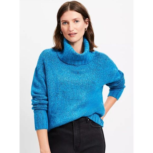 LOFT Fuzzy Cowl Neck oversized sweater in teal - PS - Picture 1 of 8